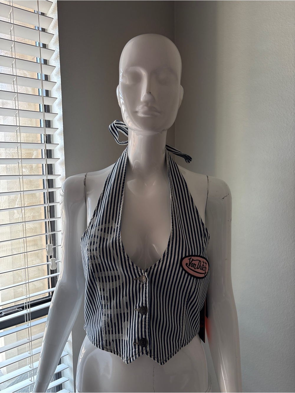 Von Dutch Navy Blue & White Striped Halter Vest Top